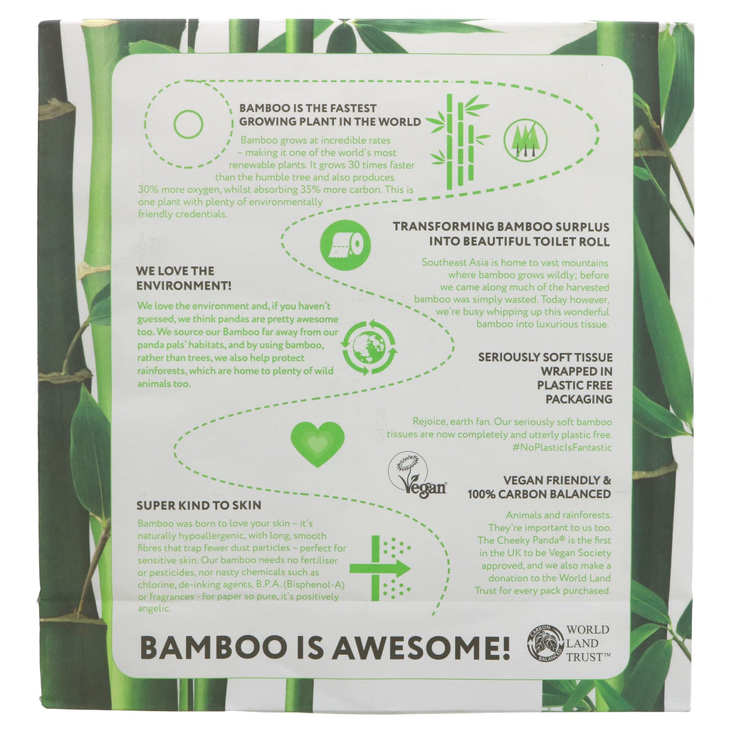 Luxurious 3-ply toilet tissue made from 100% sustainable and vegan-friendly bamboo. Supports rainforest regeneration projects.