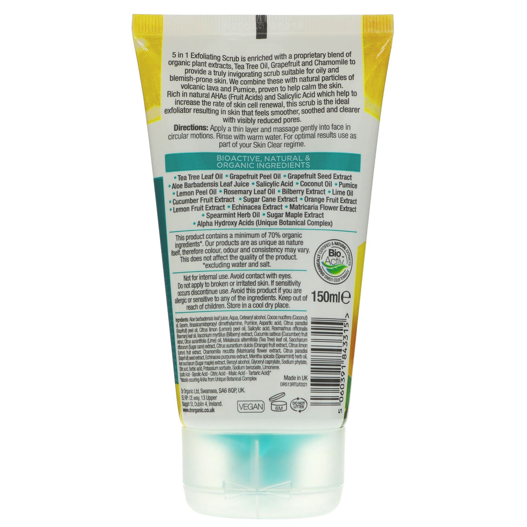 Dr Organic Exfoliating Scrub. Natural ingredients gently exfoliate and reduce pores for smooth, radiant skin. Vegan and part of SKIN CLEAR range.