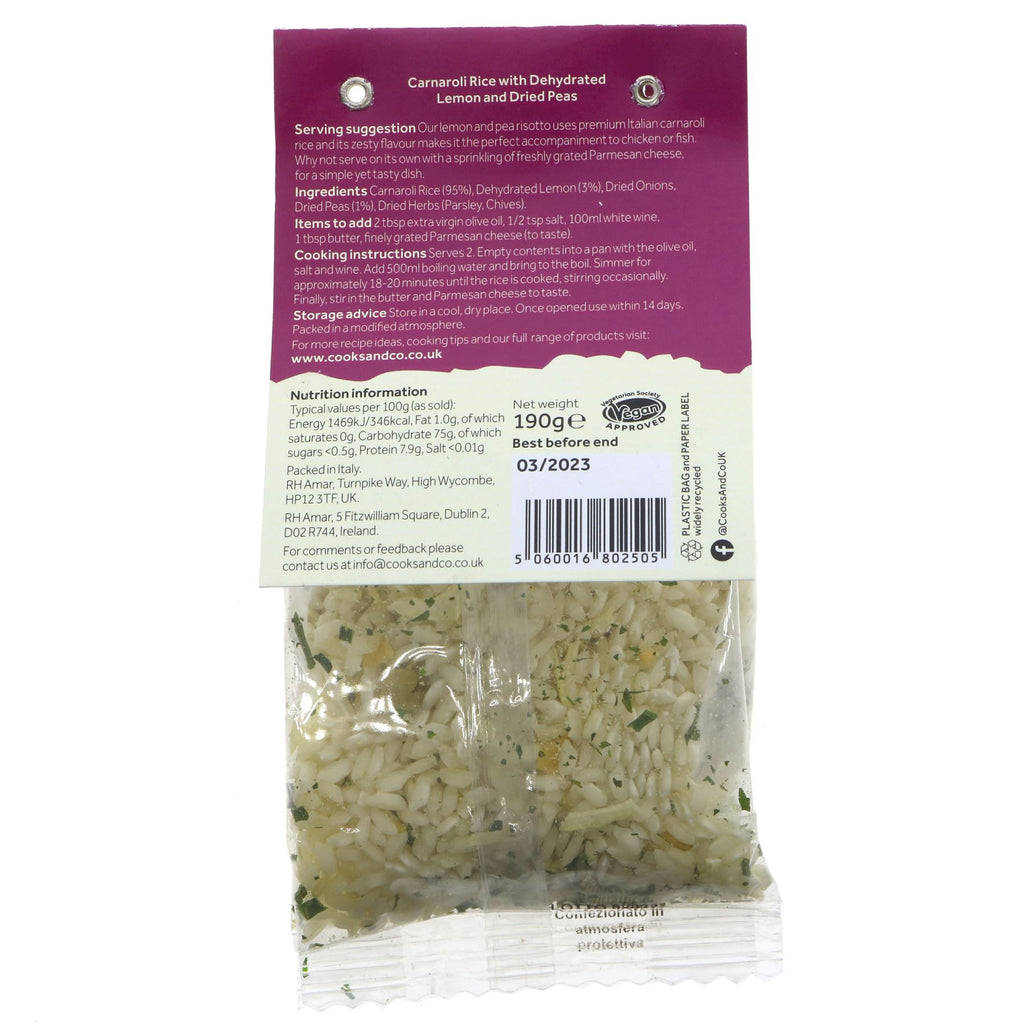 Cooks & Co Lemon & Pea Risotto - Vegan Italian carnaroli rice dish. Perfect as a meal or side dish with chicken/fish. No VAT.