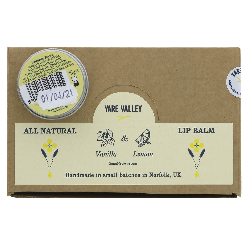 All-natural Vanilla & Lemon Lip Balm Tin by Yare Valley - handmade in small batches with vegan-friendly ingredients. Perfect for everyday use.