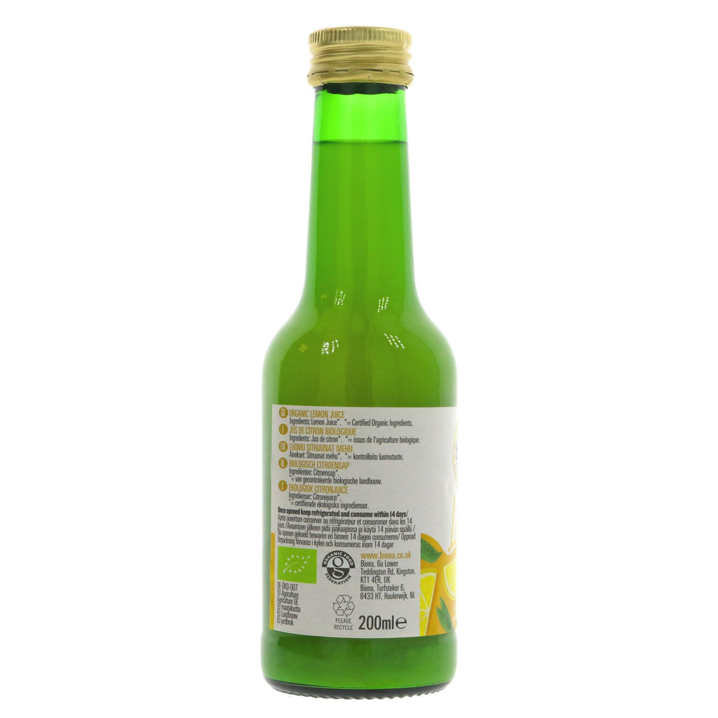 Organic pure lemon juice - zest up your dishes! Vegan-friendly & no added sugar. 200ml bottle.