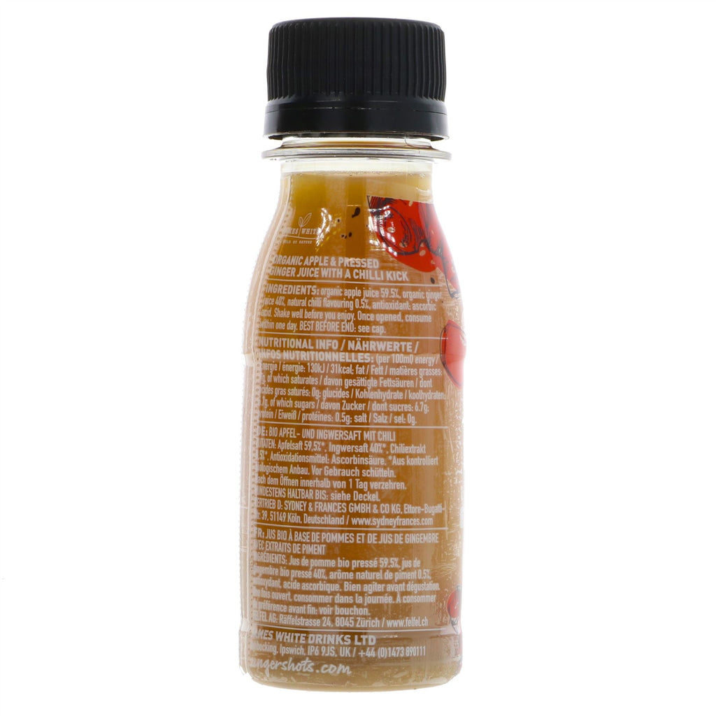 Organic, vegan Extra Ginger Zinger Shot with a chilli kick - perfect for superfood enthusiasts.