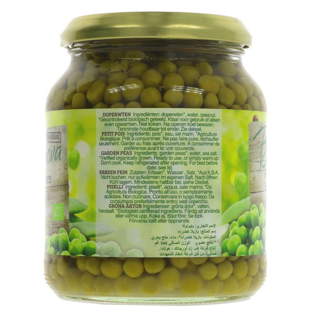 Bionova's unpasteurised organic Garden Peas - ready to eat, add to salads, soups, or as a healthy side dish.