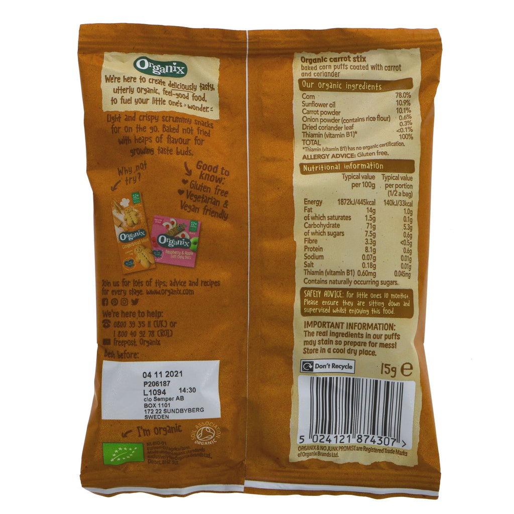 Organix Carrot Stix: Organic, vegan crisps made with real carrots, 1/3 less salt & fat than most snacks. Perfect for kids aged 12 months+.