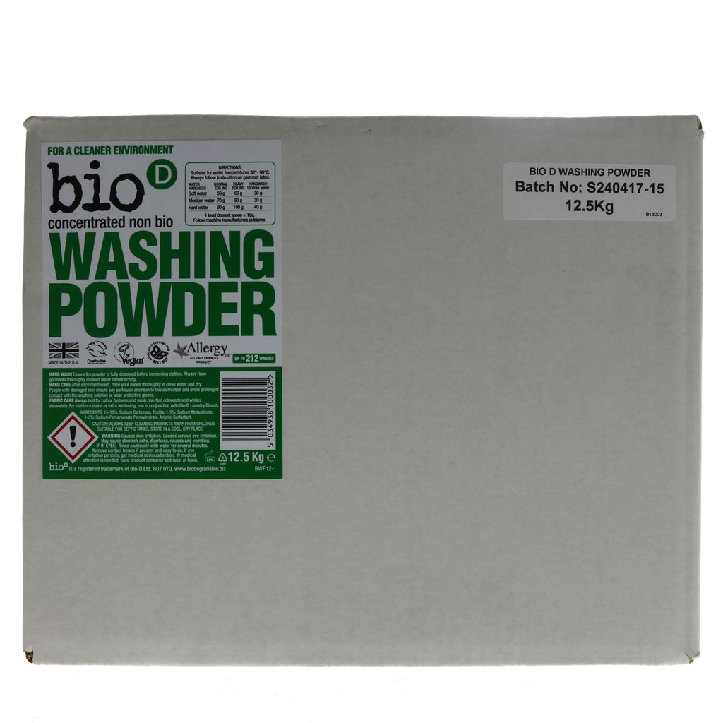 Bio D vegan washing powder, tough on stains but gentle on clothes & environment. 12.5kg bulk option.