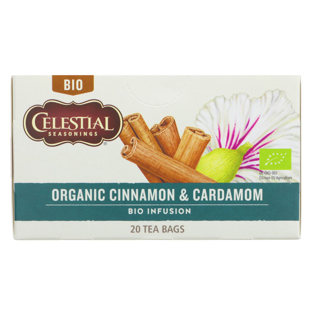 Organic vegan Cinnamon & Cardamom tea by Celestial Seasonings – warm, exotic, and perfect for cozy nights in or as a refreshing pick-me-up.