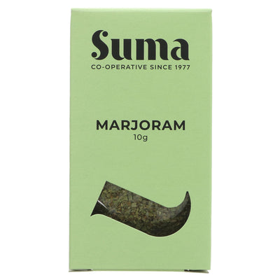 Suma's Vegan Marjoram: Mediterranean seasoning for soups, stews, and sauces. No VAT. Part of Superfood Market's vegan Herbs collection.