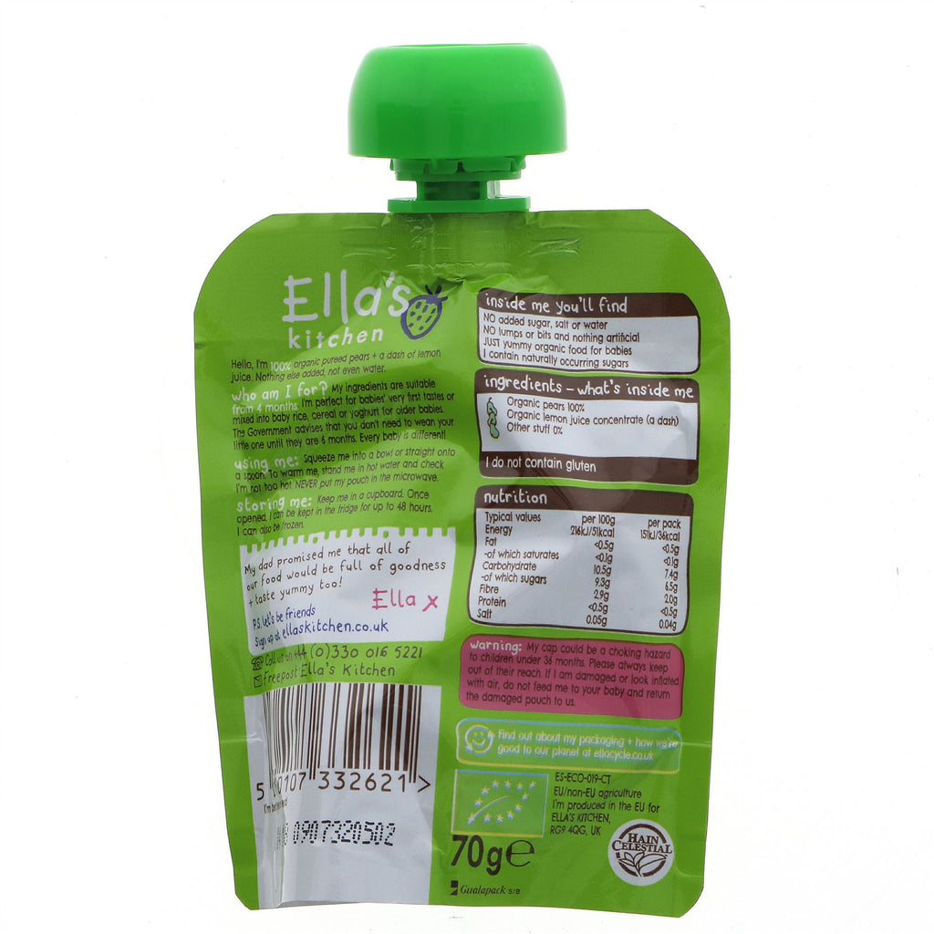 Organic, vegan baby food pouch: Ella's Kitchen | First Taste Pears Pears Pears | 70g - stage 1.