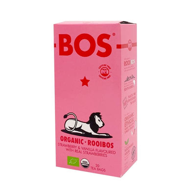 Fairtrade, gluten-free, organic, and vegan Rooibos tea with the delightful flavors of strawberry and vanilla. Naturally caffeine-free and low in sugar.