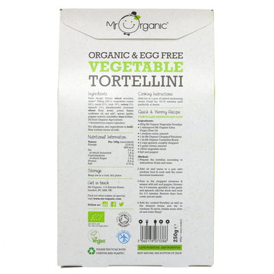 Mr Organic's Egg-Free Veg Tortellini - Organic & Vegan, Filled w/ Carrots, Onions, Leeks, Celery & Spinach 250g - Superfood Market.