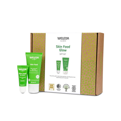 Weleda Skin Food Glow Gift Set: Replenishing care for dry skin. Includes Skin Food Original 30ml & Lip Balm 8ml for a beautiful, dewy finish.