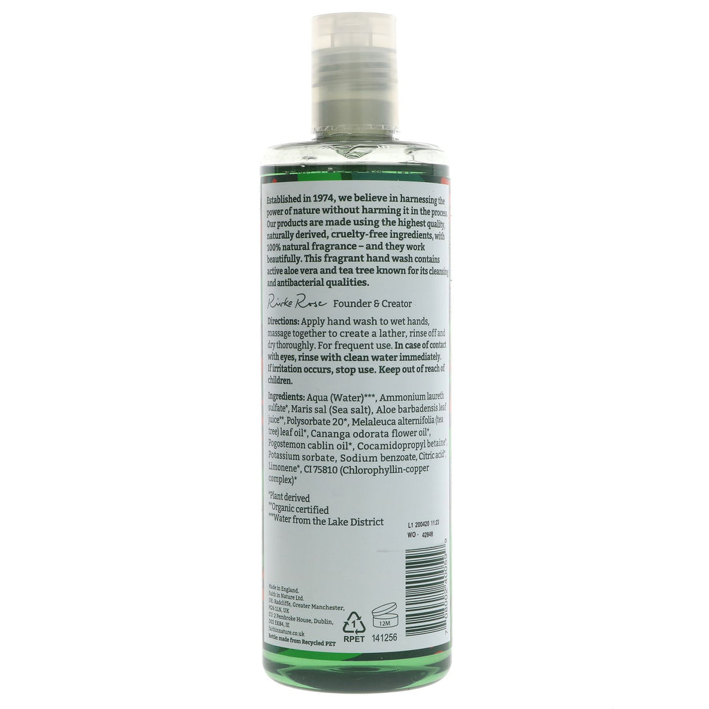 Cleanse and nourish hands with Faith In Nature's Aloe Vera and Tea Tree Handwash made with natural ingredients. Vegan formula, gentle on skin.