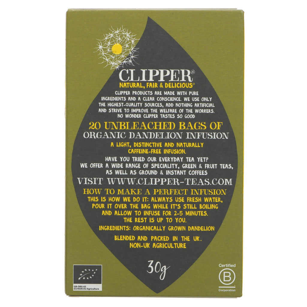 Clipper Dandelion Tea: Organic, Vegan, Caffeine-Free, 20 Bags. Refreshing and delicious on its own or with snacks.