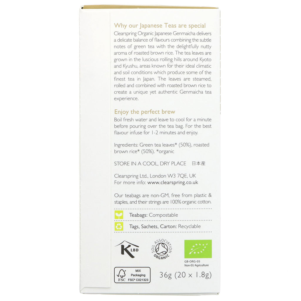 Clearspring Genmaicha Green Tea | Organic, Vegan, 20 Tea Bags, Sustainable Packaging | Superfood Market