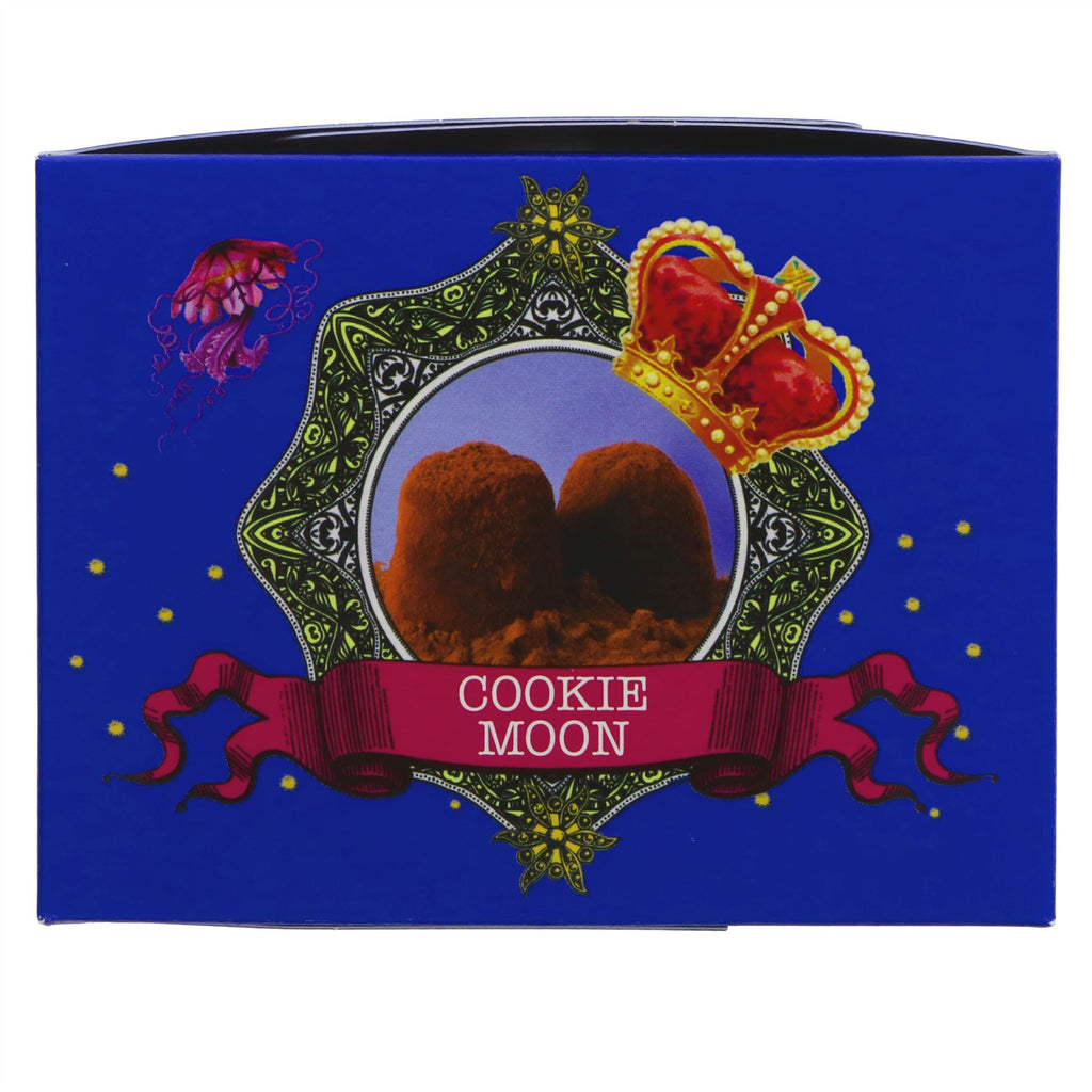 Monty Bojangles Cookie Moon Truffle. Rich, buttery & indulgent - filled with choc-chip cookie pieces & dusted with cocoa powder. 2 Star Great Taste Award winner 2019. No Added Sugar.