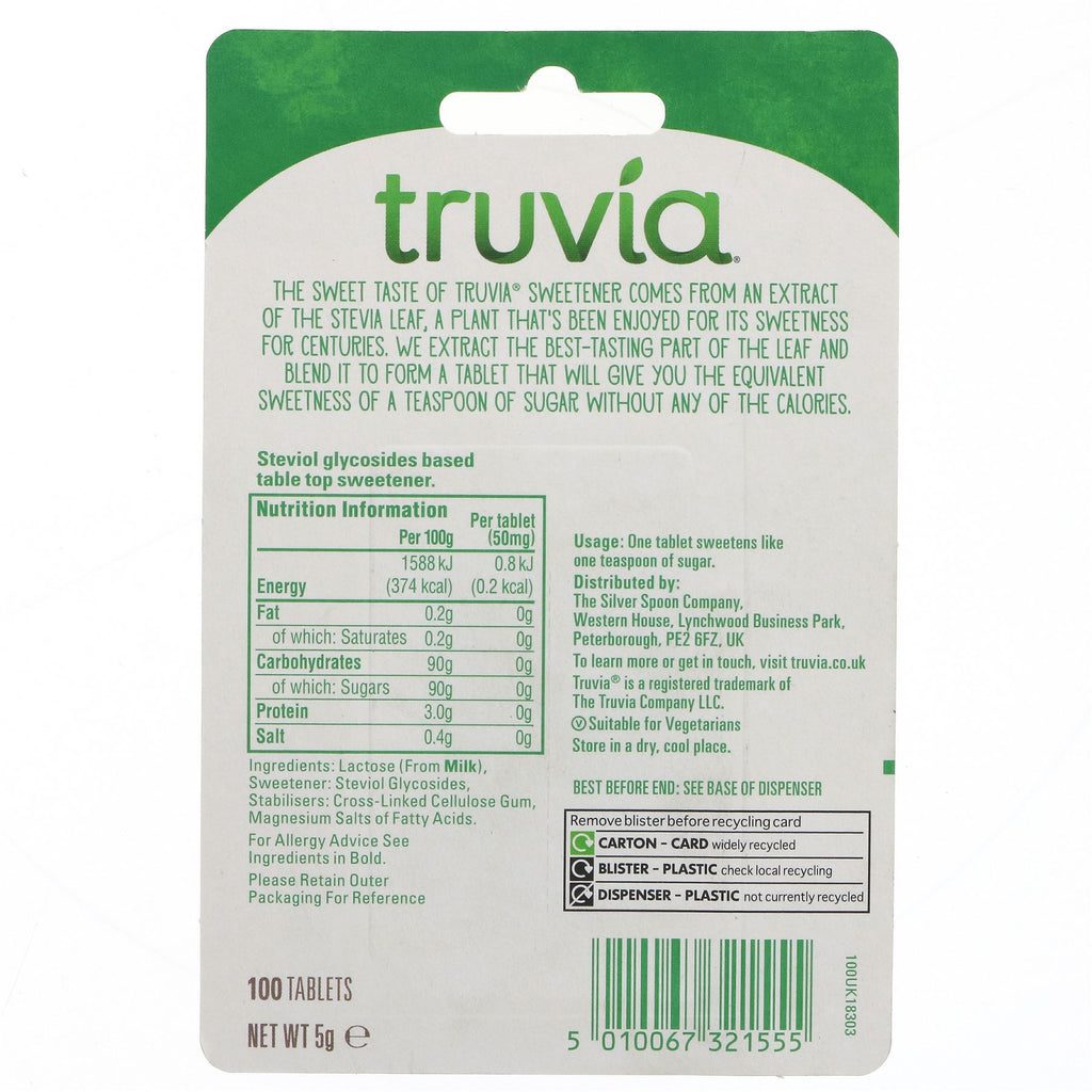 Truvia Sweetener - Calorie free tablets made from Stevia leaf. Perfect for guilt-free sweetening in your drinks and recipes.