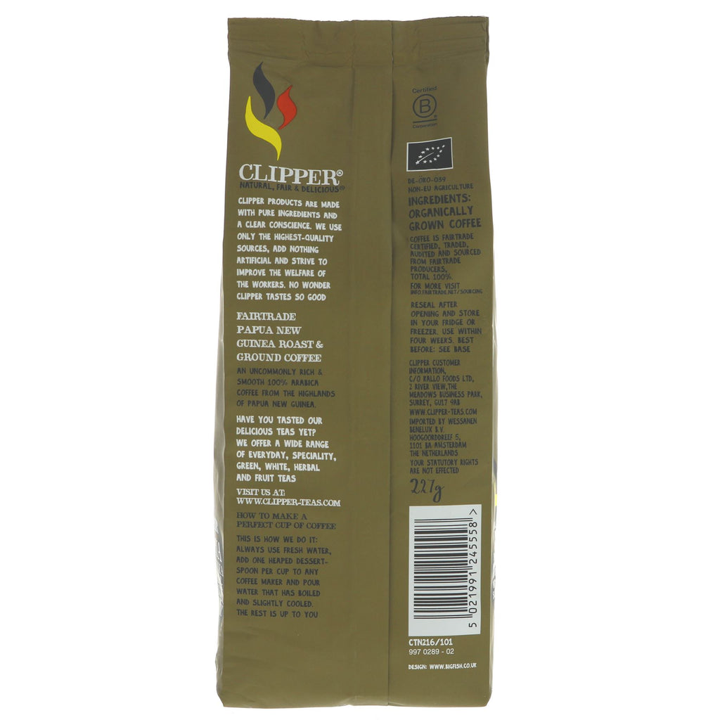 Clipper Papua New Guinea Ground Coffee - Fairtrade, Organic, Vegan - 227g
