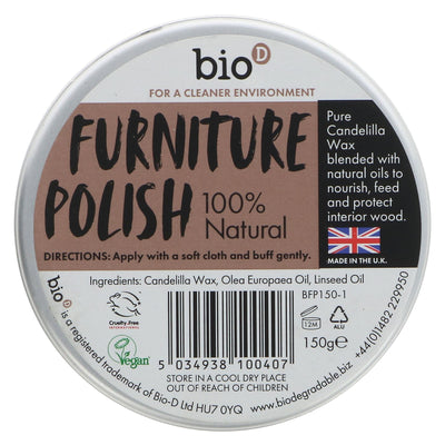 Bio D Furniture Polish - Vegan, Natural Oils, Candelilla Wax, 150G