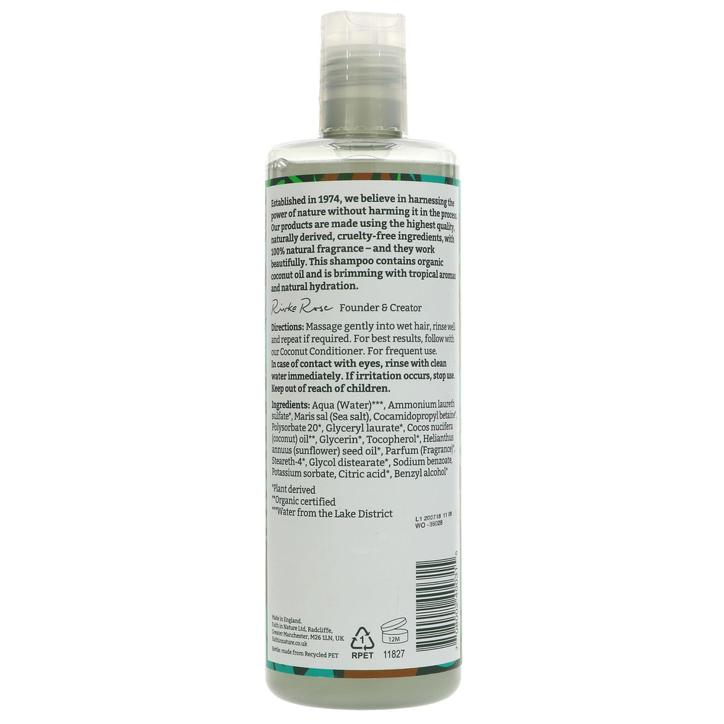 Faith In Nature Coconut Shampoo - 400ml. Organic, vegan, and cruelty-free. Hydrating for normal/dry hair. Pair with the conditioner for best results.