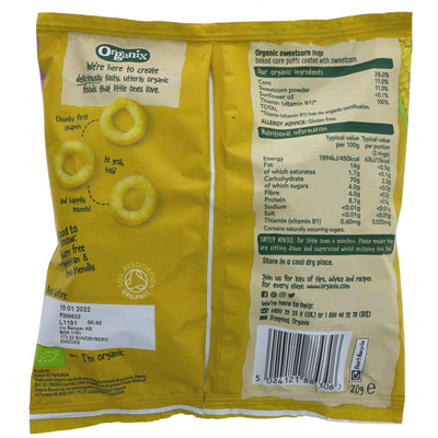 Organic, vegan sweetcorn rings. Perfect for snacking or adding to recipes. Free from wheat and gluten. Suitable from 7 months.