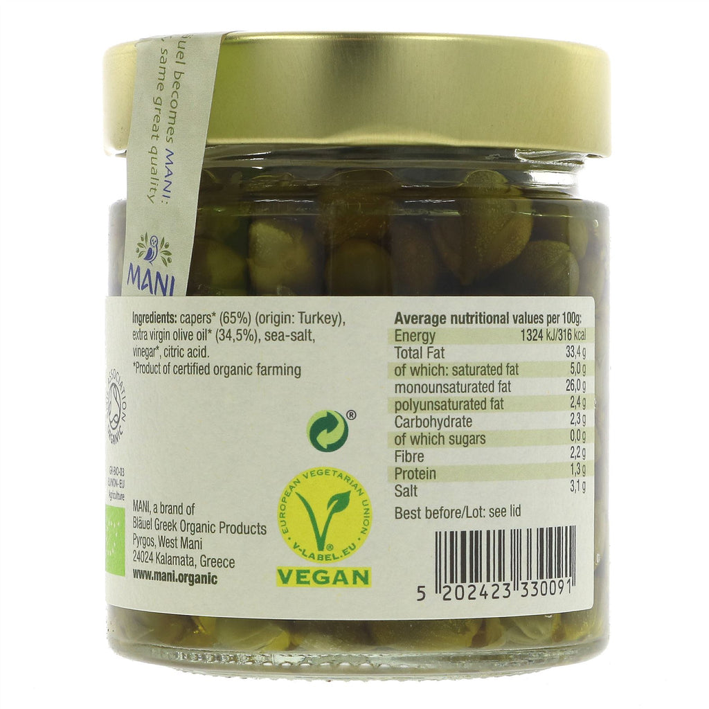 Organic Vegan Og Capers in Olive Oil - Perfect for sauces, pizzas & appetizers. Made with organic ingredients. No VAT charged.