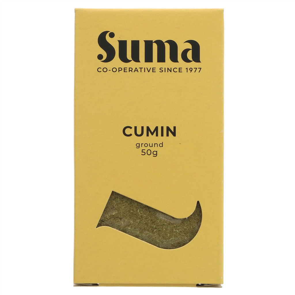Suma's ground cumin: a vegan spice for depth and flavor in curries, soups, and stews. 50g pack.