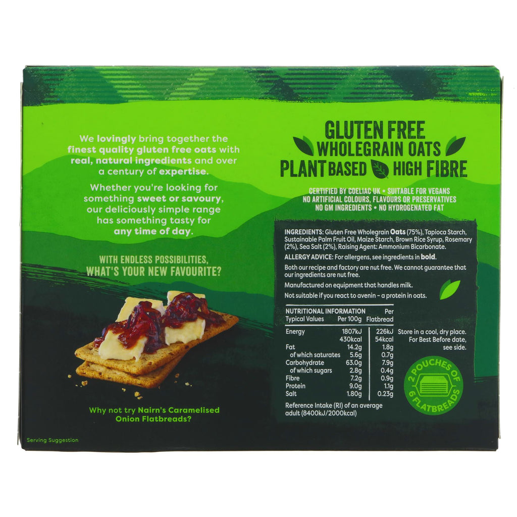 Gluten-free, no-sugar-added Sea Salt & Rosemary Flatbread made with wholegrain oats. Indulge in a crispy snack that's perfect for any meal.