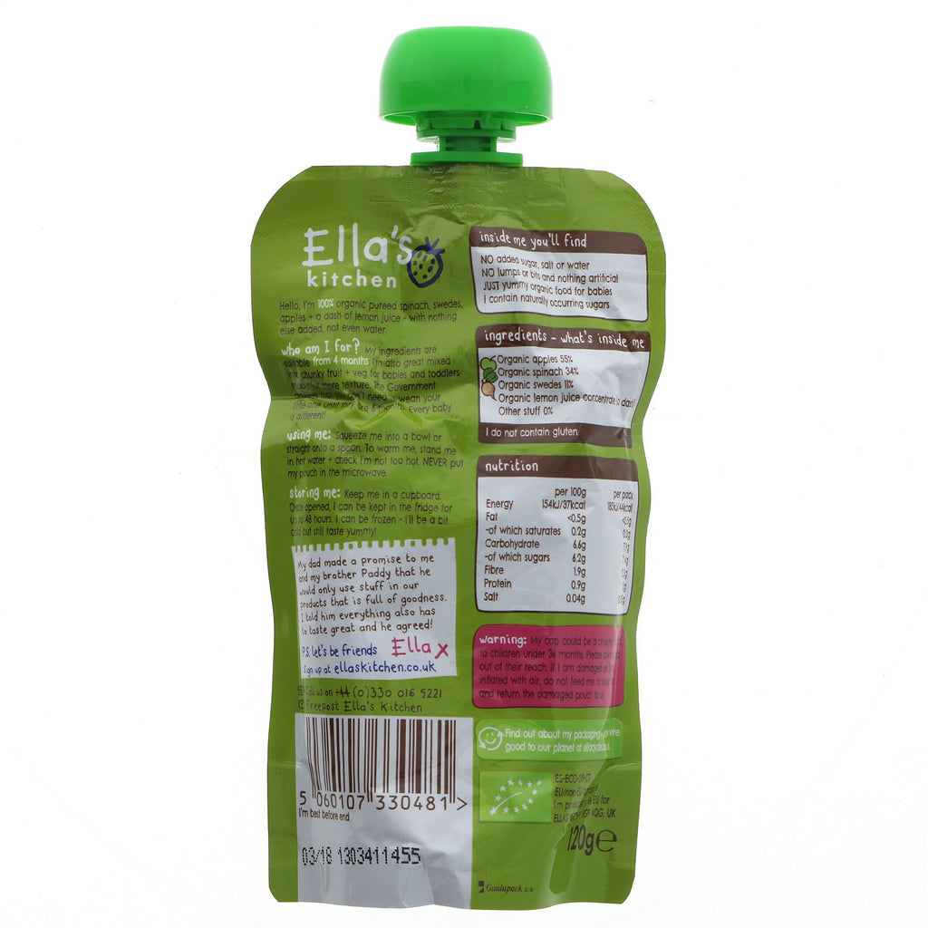 Organic, vegan baby food - Spinach, Apples & Swede pouch from Ella's Kitchen. Perfect for on-the-go snacks or as a side dish!