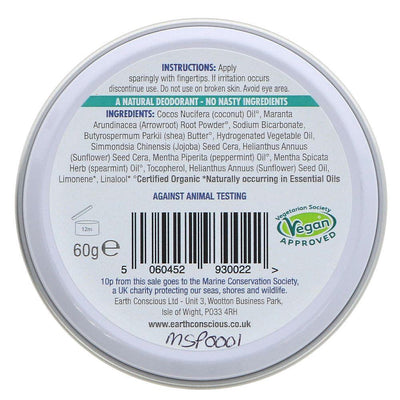 Earth Conscious Natural Deodorant - Peppermint: Vegan & Chemical-free with Invigorating Scent. 60g, spearmint-infused protection.