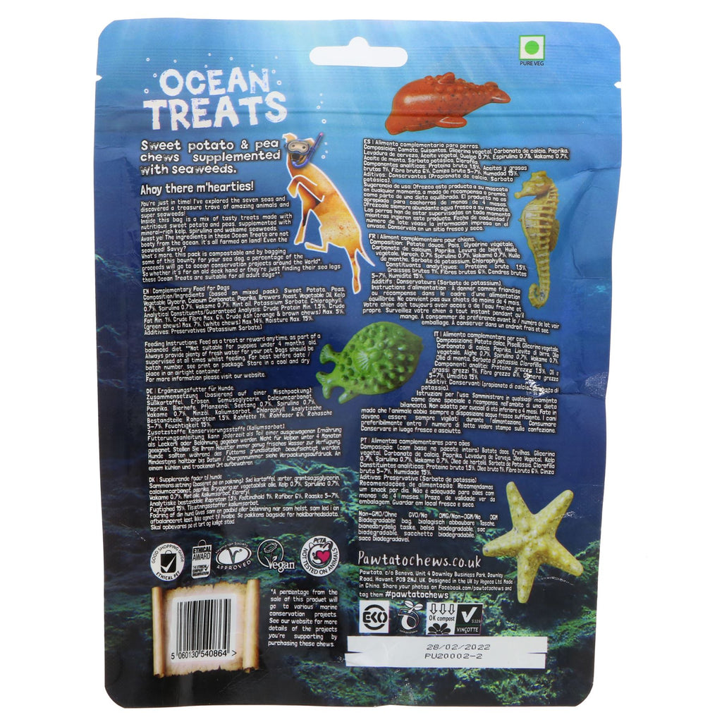 Benevo's Ocean Treats Medium: vegan, sustainably farmed seaweed chews with sweet potato and pea flours, wheat-free, grain-free, and soya-free.