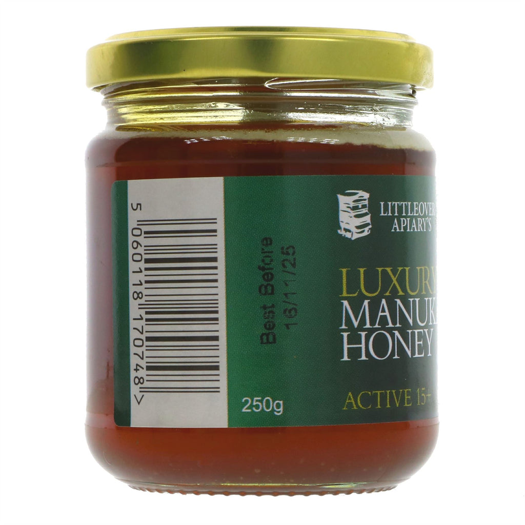 Littleover Apiaries Manuka Honey 15+, 250g - rich taste, high quality, natural sweetener. Enjoy with tea or as a recipe ingredient. #ManukaHoney #LittleoverApiaries