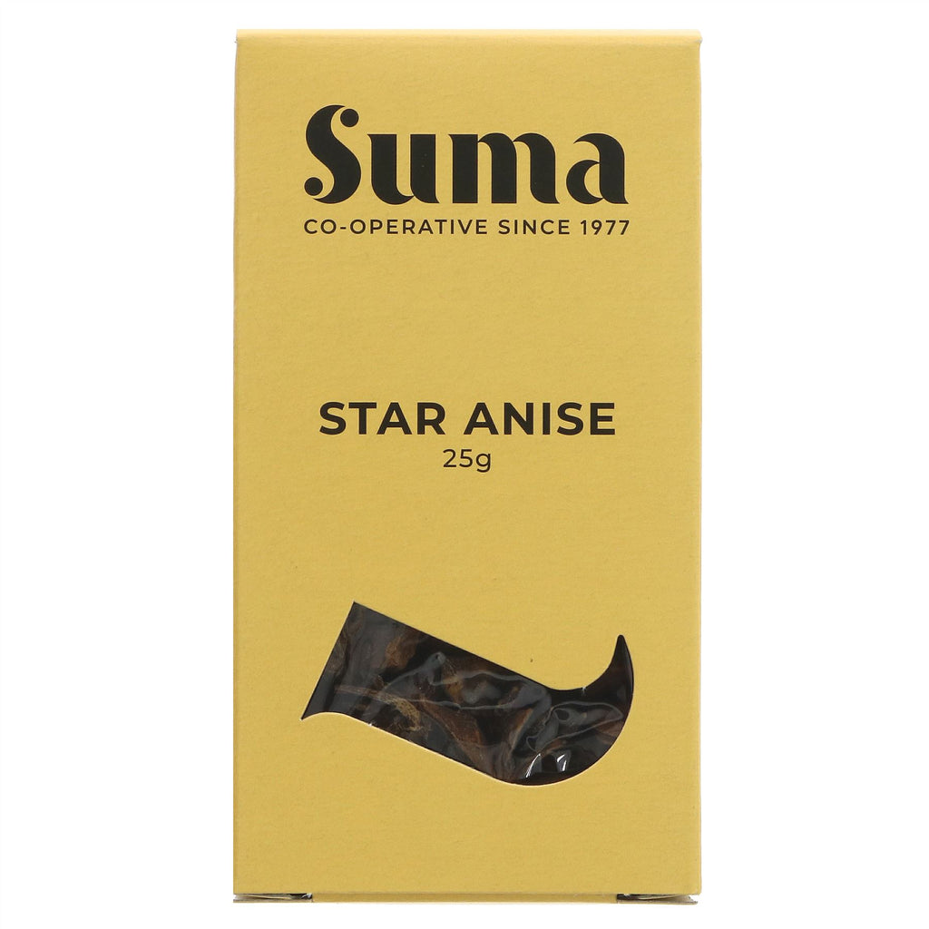 Suma's vegan Star Anise adds unique licorice flavor to dishes. Perfect for Asian cuisine, soups and stews. No VAT,