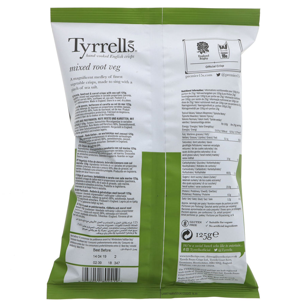 Tyrrells Mixed Roots: Gluten-free, vegan crisps with earthy beetroot, sweet carrot, and savory parsnip flavors. Snack or dip with them!