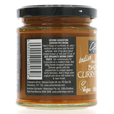 Geo Organics Bhuna Curry Paste: Organic & Vegan, perfect for flavourful Indian dishes. No VAT charged.