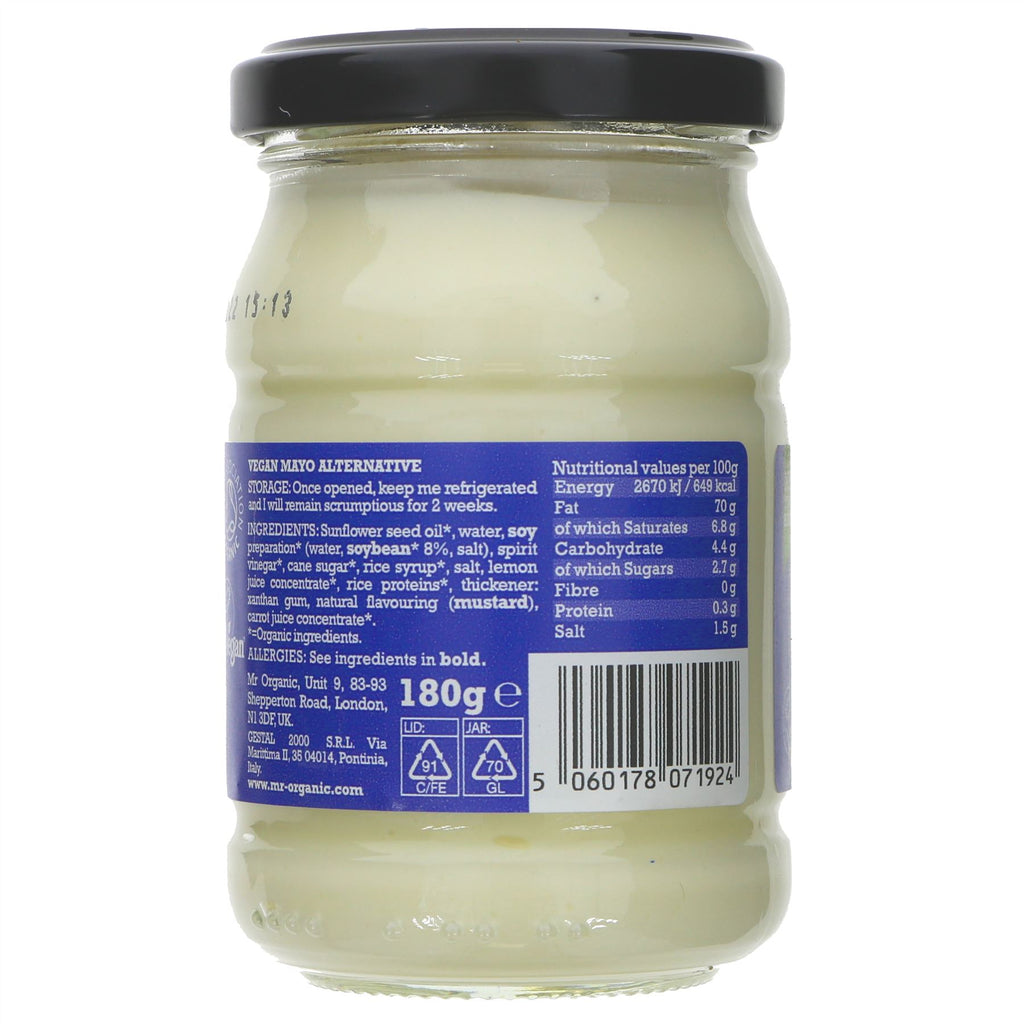 Mr Organic's Egg Free Mayo - Creamy vegan mayo with organic ingredients, guilt-free for sandwiches, salads, and dips. Gluten and dairy-free.
