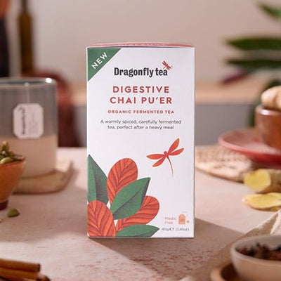 Indulge in the soothing blend of Dragonfly Tea's Chai Pu'er Digestive Tea. This organic & vegan tea combines chai spices with fermented assamica leaves for a comforting experience. Perfect after a meal or anytime you crave a deliciously satisfying cup.