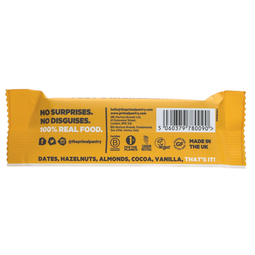Gluten-free, vegan Hazelnut Cocoa Paleo Bars by Primal: a nutty, rich flavor in a 40g bar! Perfect for snacking or after workouts.