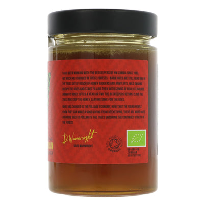 Wainwright's Organic Forest Honey - Fairtrade, Clear, 380G. Harvested from wild bees in Zambian forests, cold-pressed with high pollen content and no added sugar or antibiotics. Three-star Great Taste award winner.
