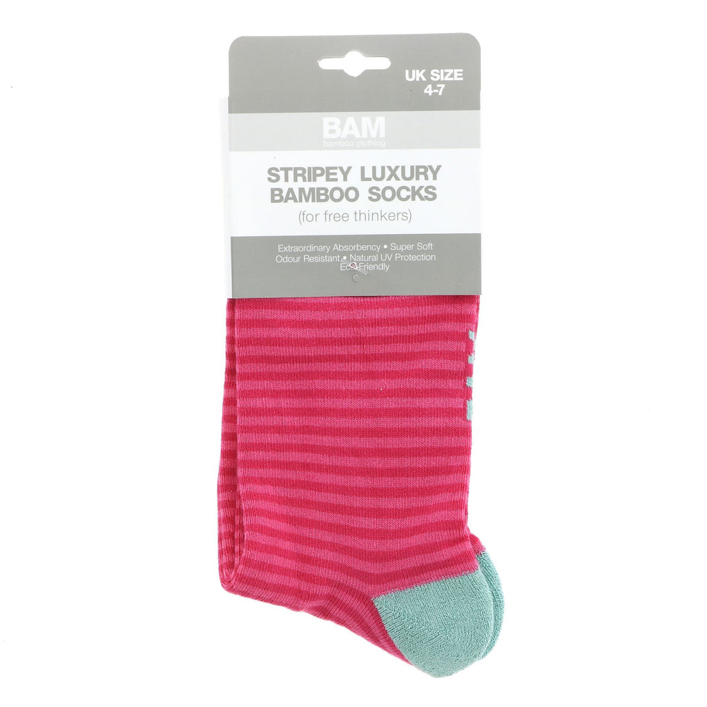 Eco-friendly bamboo socks with mixed narrow stripes in various colors. Perfect for sizes 4-7 and vegan-friendly.