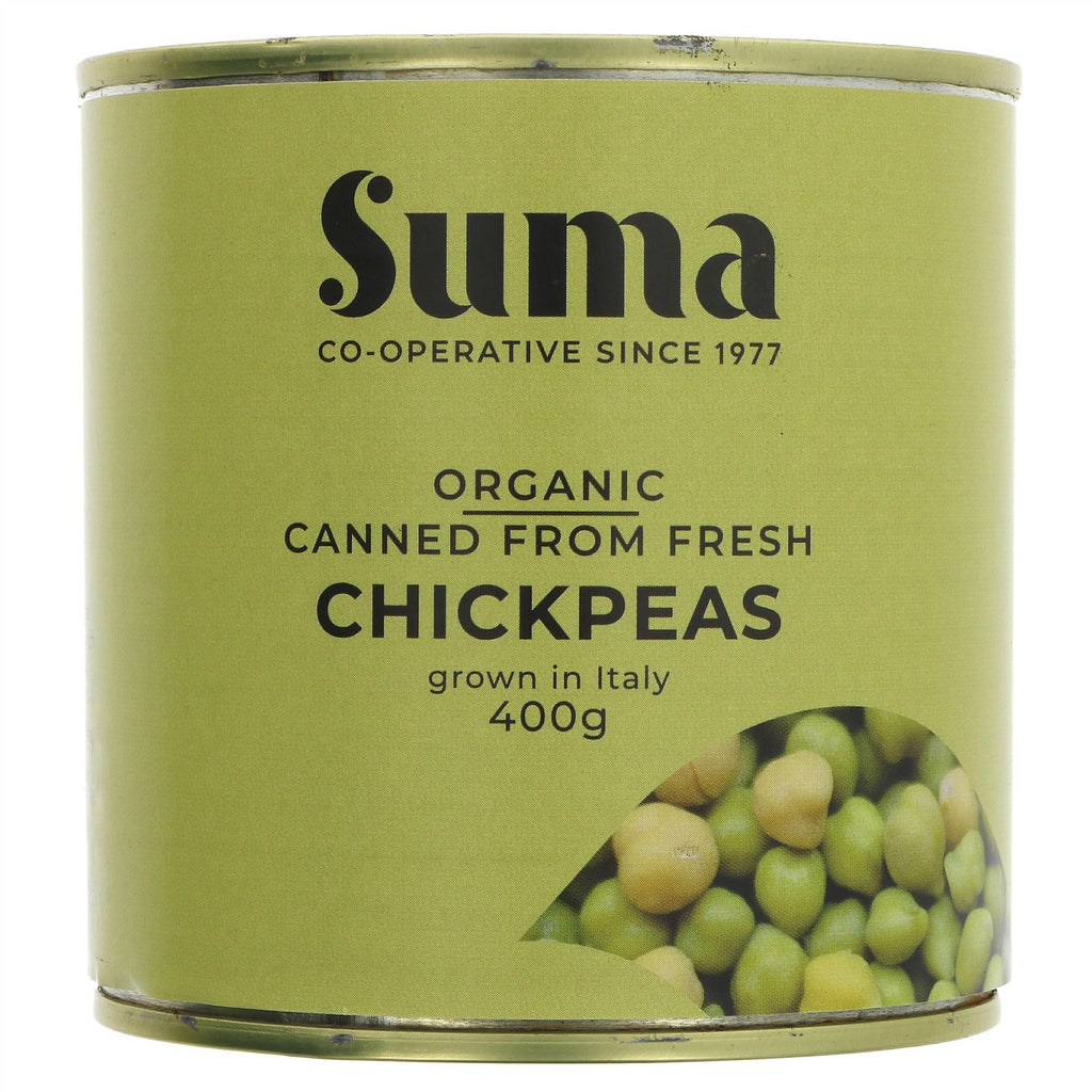 Organic canned Suma chickpeas grown in Northern Italy. Ideal for salads, stews, and more. Vegan-friendly. No VAT charged.