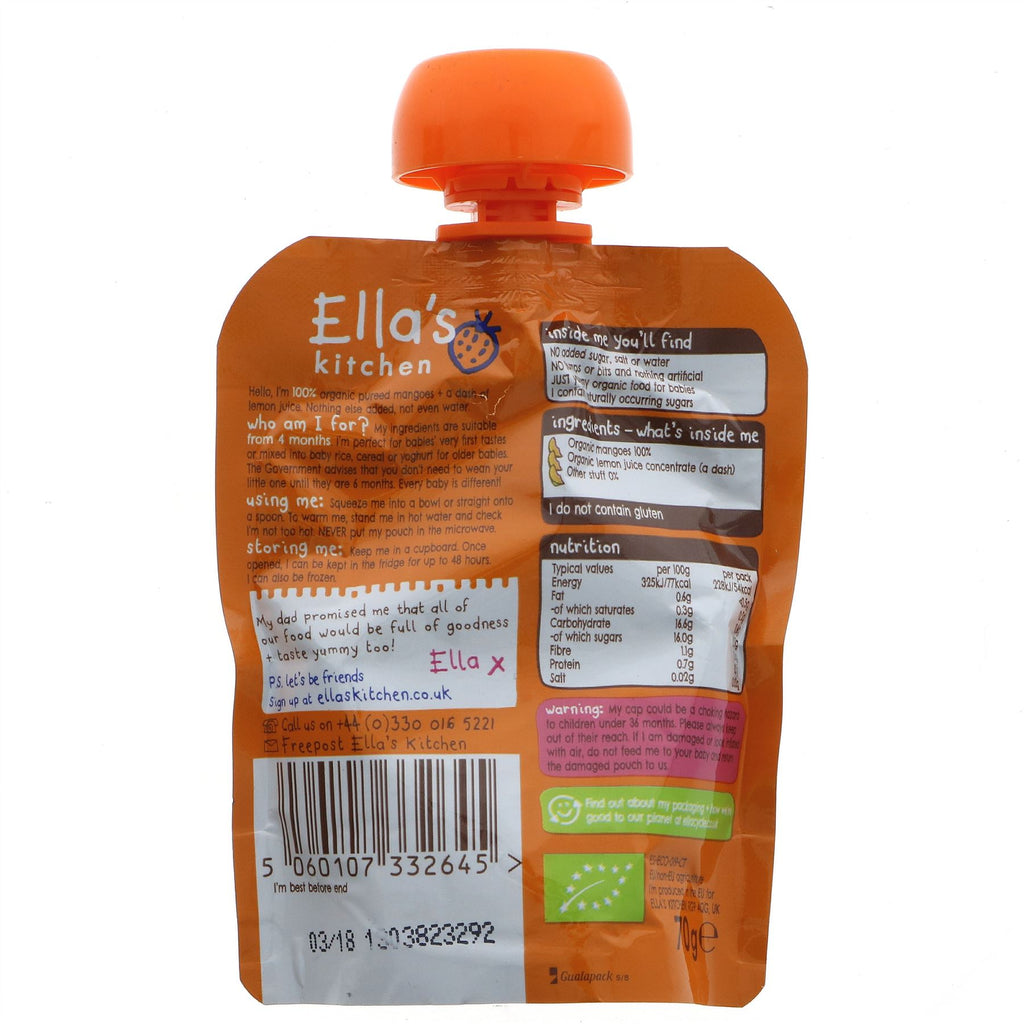 Organic, vegan mango baby food pouch by Ella's Kitchen. Bursting with tropical flavor, perfect for little ones. No VAT charged.