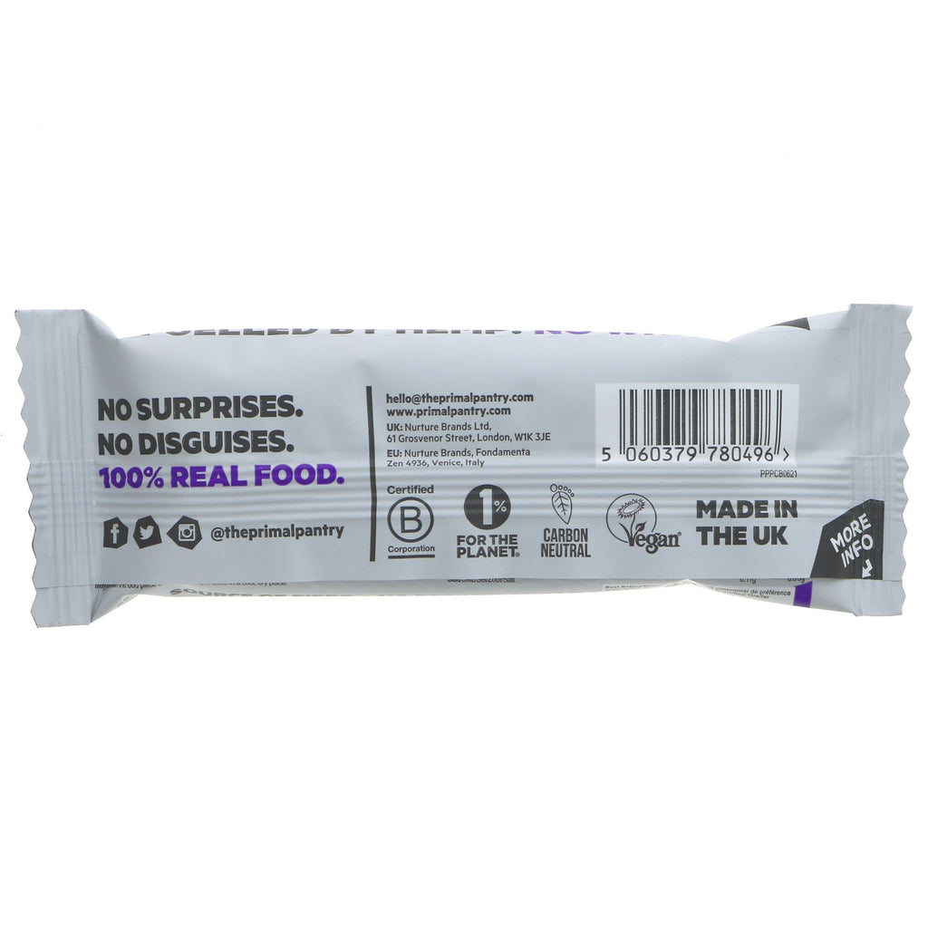 The Primal Pantry Cocoa Brownie Protein Bar: guilt-free snacking with all-natural ingredients and 12g plant-based protein in a vegan and gluten-free bar.