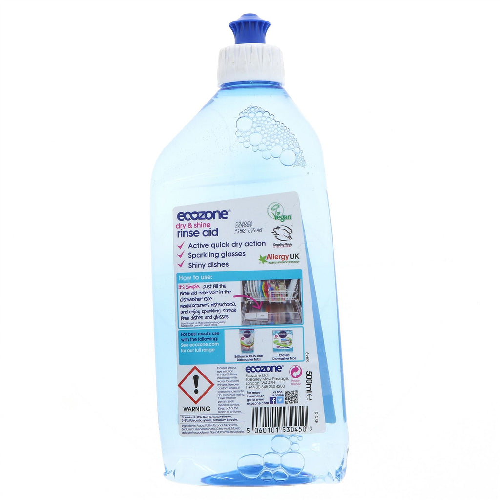 Ecozone Rinse Aid: Natural formula for sparkling glasses and shiny dishes. Vegan, septic tank safe, produced with solar energy.