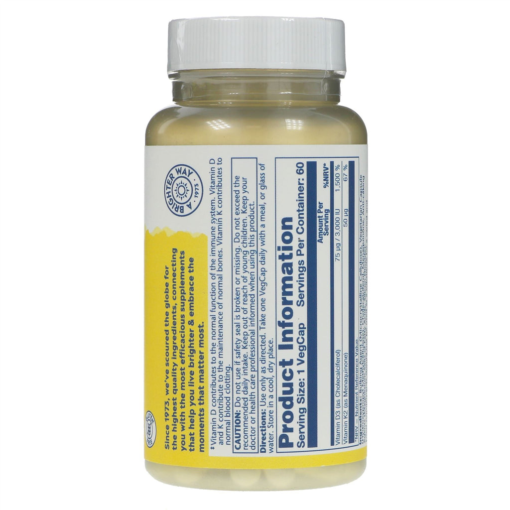 Gluten-free & vegan Vitamin D3 and K2 supplement for healthy bones and cardiovascular system.