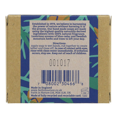 Vegan soap, rich Blue Cedar scent with organic ingredients. Biodegradable & luxurious. Part of men's range by Faith In Nature.