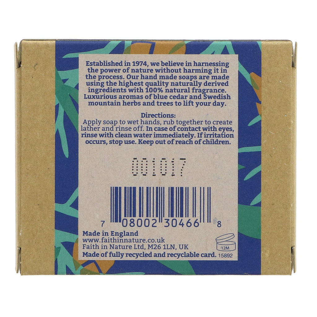 Vegan soap, rich Blue Cedar scent with organic ingredients. Biodegradable & luxurious. Part of men's range by Faith In Nature.