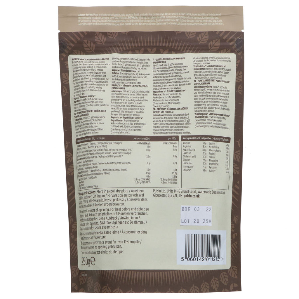 Pulsin Chocolate Pea Protein Powder - 69% Protein, Gluten-Free, Vegan, Rich in Zinc & Iron for Smoothies & Baking.