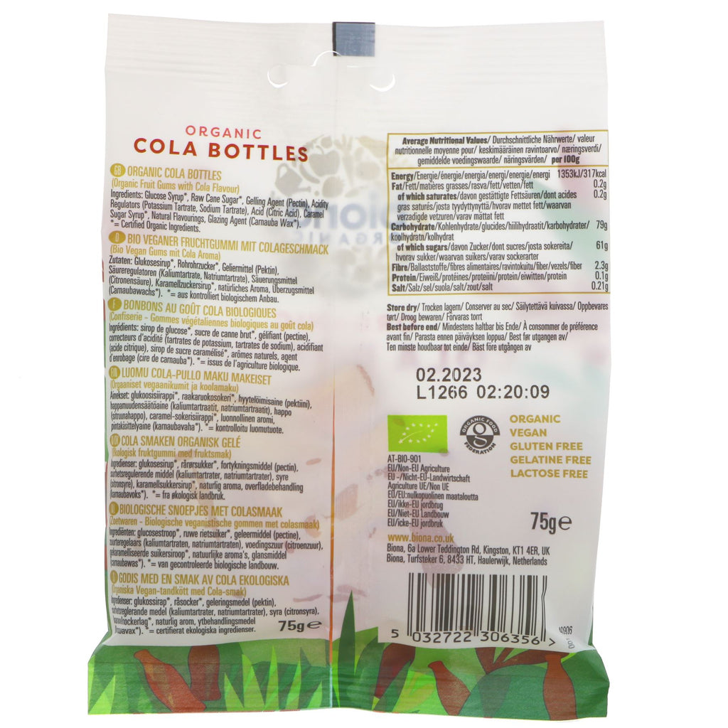Biona's Organic Cola Bottle Sweets - guilt-free, vegan and bursting with natural cola flavor. No added sugar.