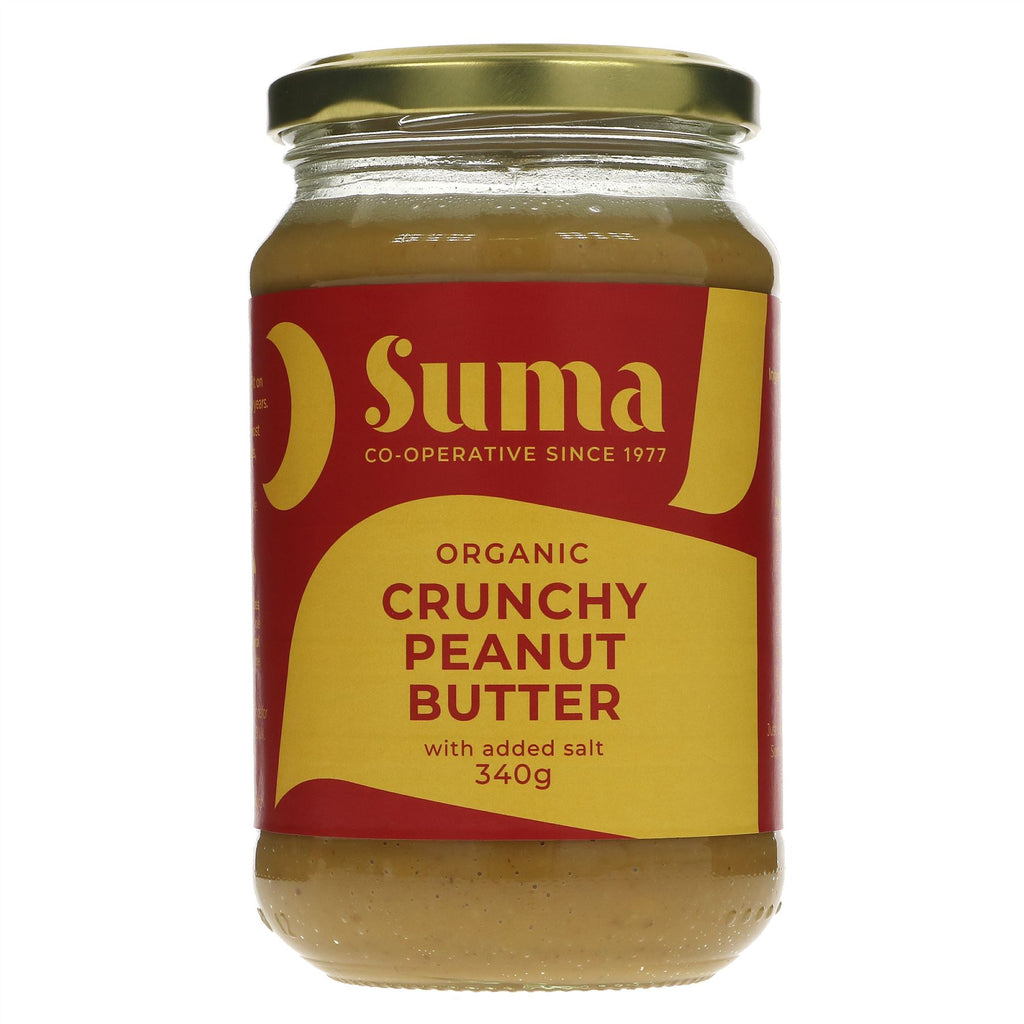 Organic crunchy peanut butter with salt, vegan & gluten-free. No harmful oils or sugars. Perfect for toast or recipes.