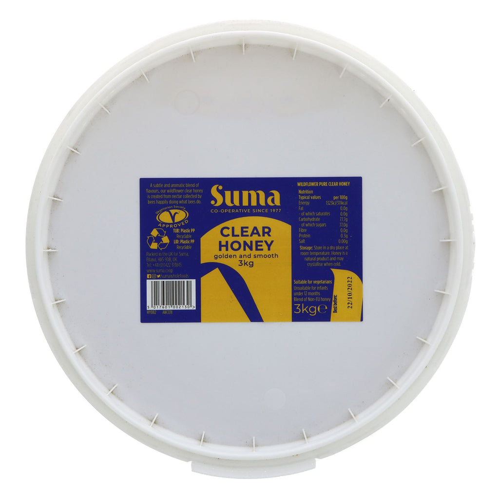 Suma's Wildflower Pure Clear Honey - 3KG. 100% pure, fruity blend with mellow toffee & aromatic notes. Perfect for everyday use.